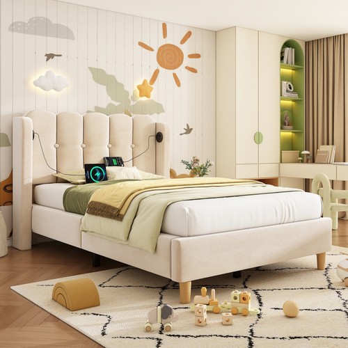 Beige upholstered bed 3ft - beige,